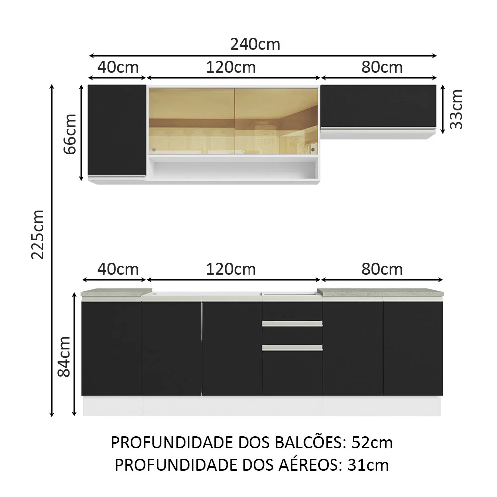 Armário de Cozinha Completa 240cm Branco Preto Glamy Madesa 03 - Image 3