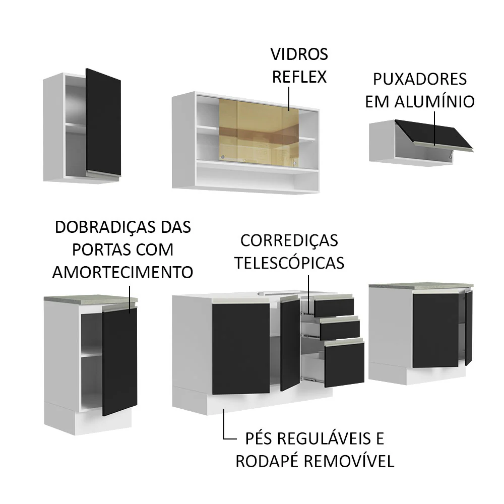 Armário de Cozinha Completa 240cm Branco Preto Glamy Madesa 03 - Image 4