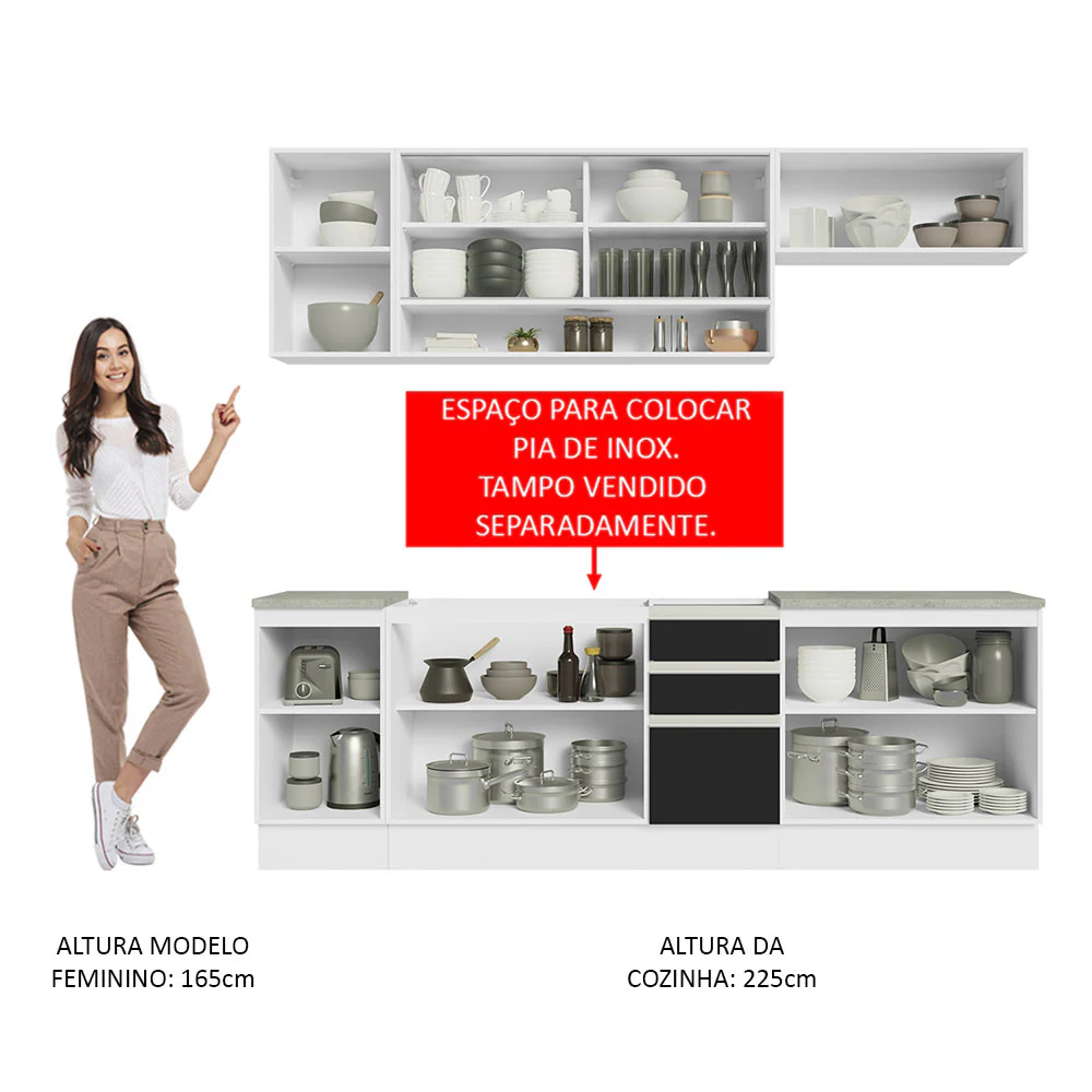 Armário de Cozinha Completa 240cm Branco Preto Glamy Madesa 03 - Image 5