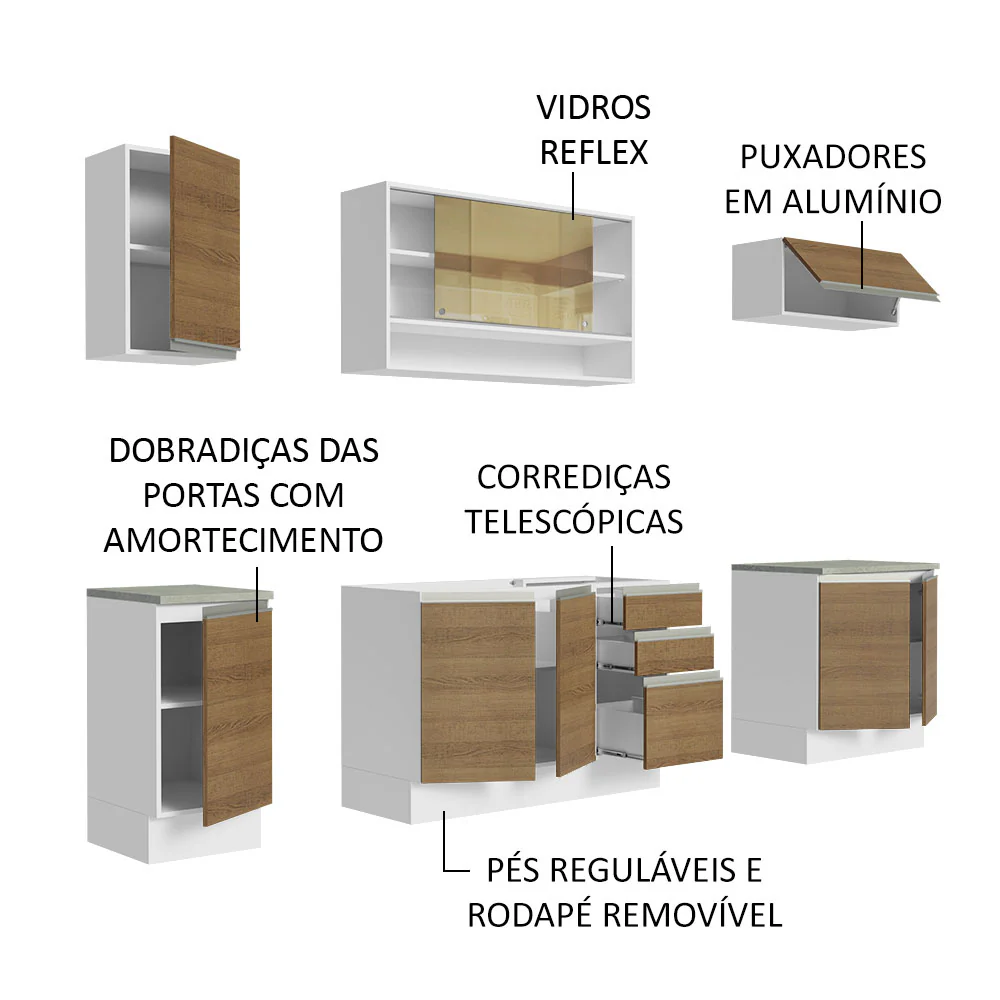 Armário de Cozinha Completa 240cm Branco Rustic Glamy Madesa 03 - Image 4