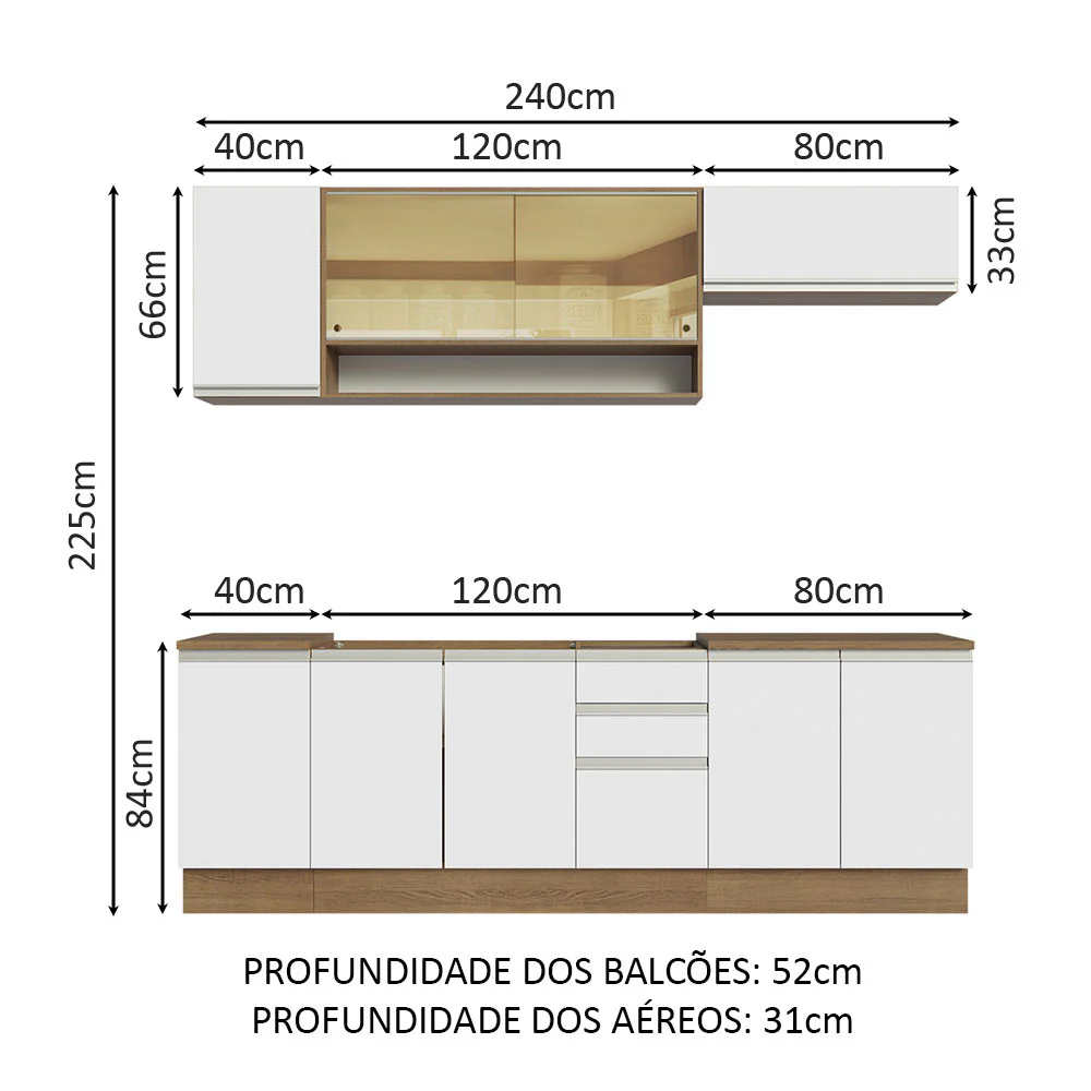 Armário de Cozinha Completa 240cm Rustic Branco Glamy Madesa 03 - Image 3