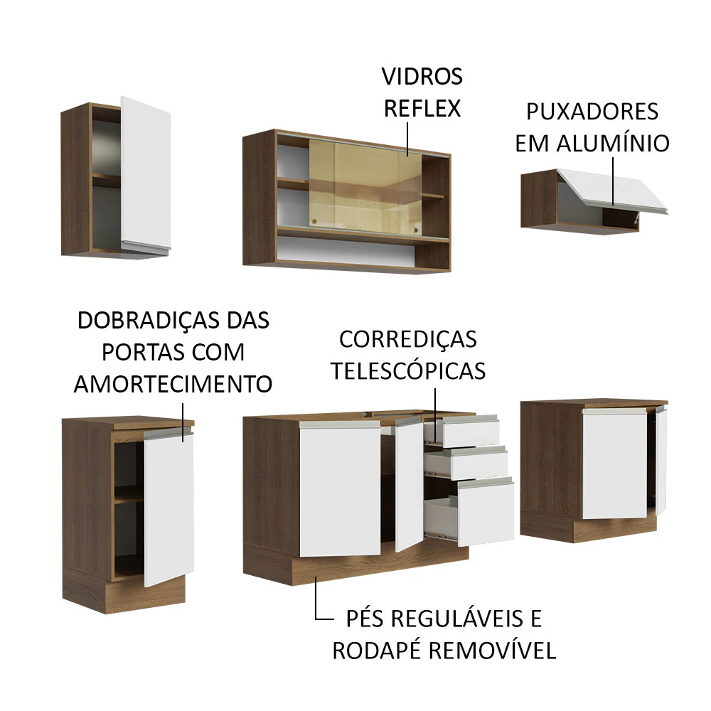 Armário de Cozinha Completa 240cm Rustic Branco Glamy Madesa 03 - Image 4