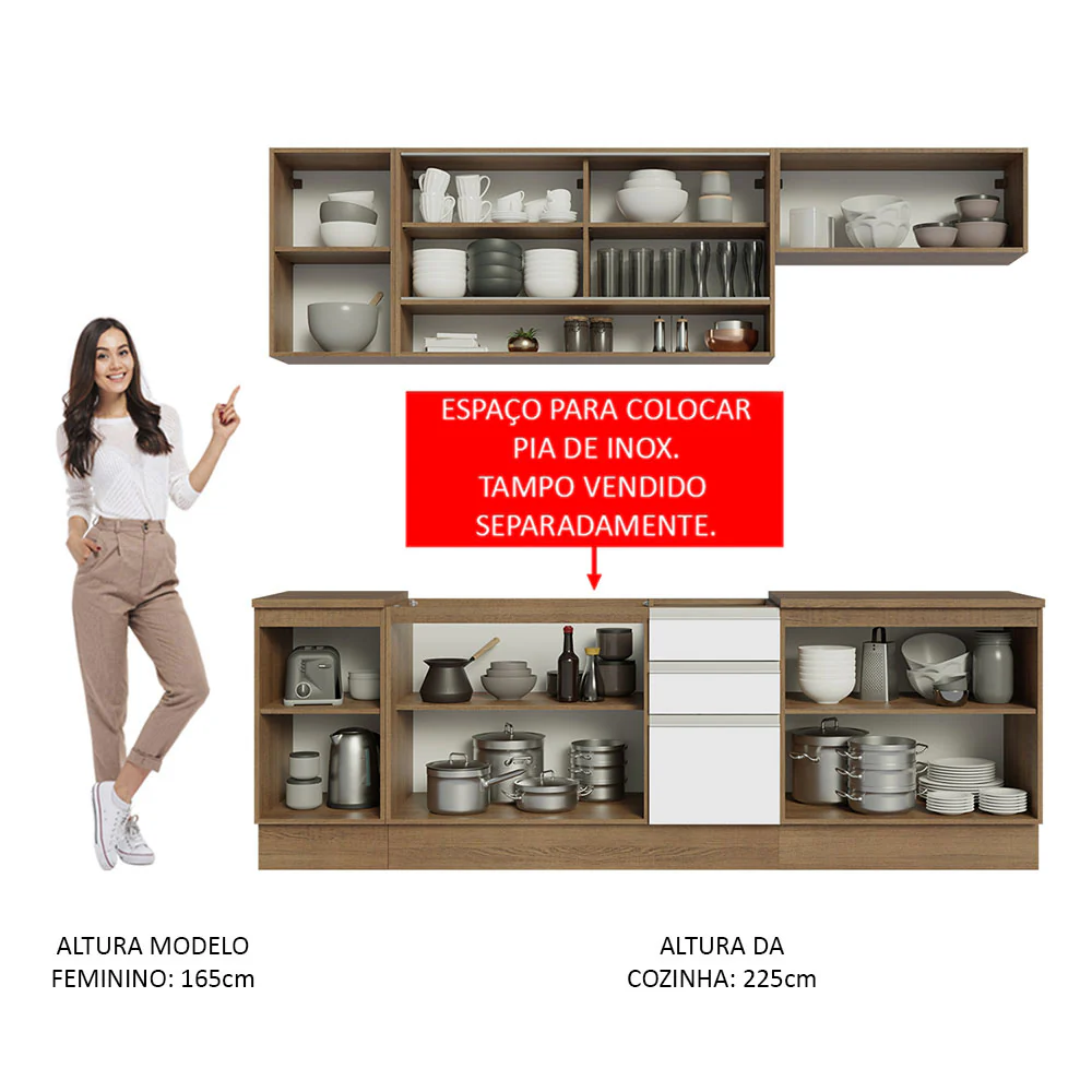 Armário de Cozinha Completa 240cm Rustic Branco Glamy Madesa 03 - Image 5