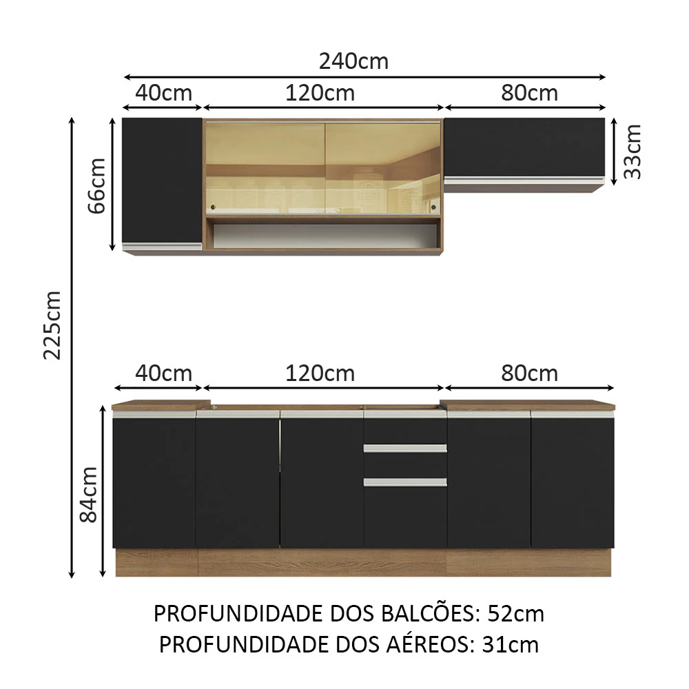 Armário de Cozinha Completa 240cm Rustic Preto Glamy Madesa 03 - Image 3