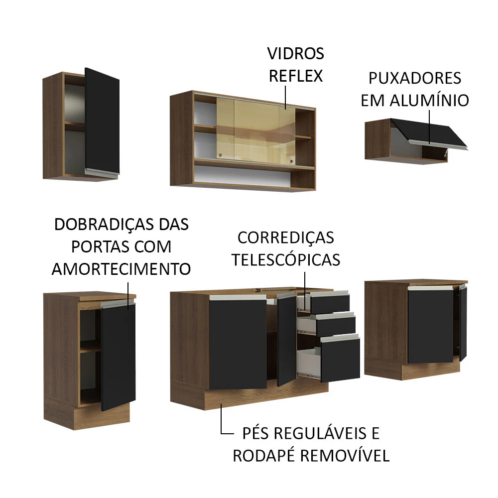 Armário de Cozinha Completa 240cm Rustic Preto Glamy Madesa 03 - Image 4