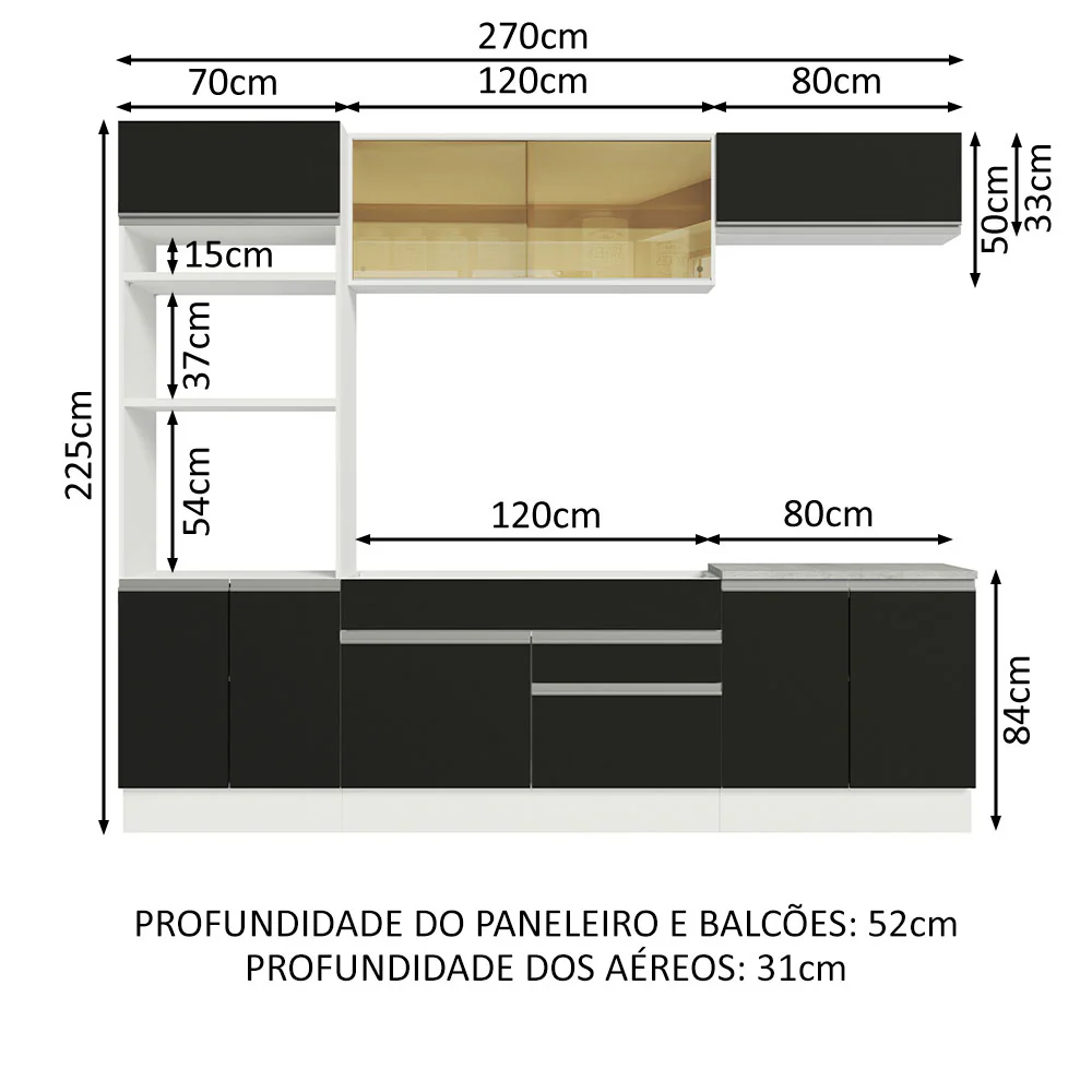 Armário de Cozinha Completa 270cm Branco Preto Glamy Madesa 10 - Image 3