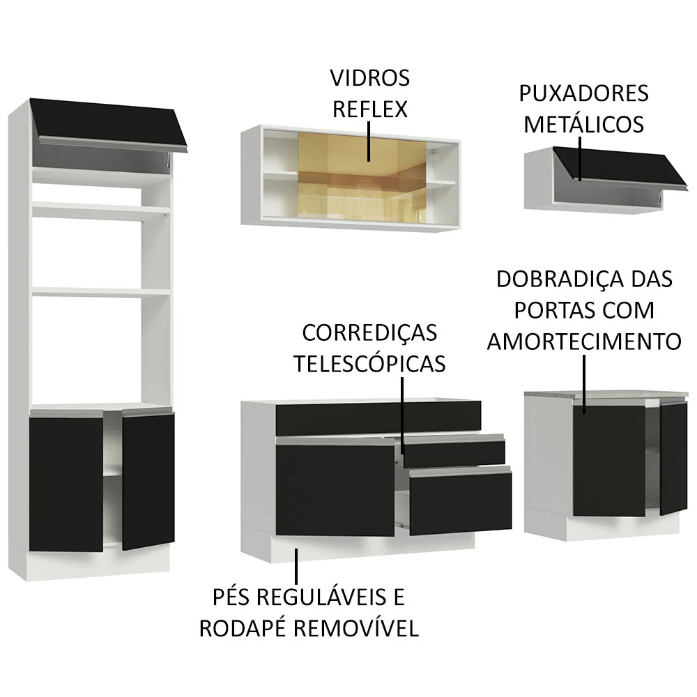 Armário de Cozinha Completa 270cm Branco Preto Glamy Madesa 10 - Image 4