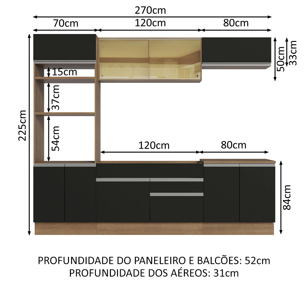 Armário de Cozinha Completa 270cm Rustic Preto Glamy Madesa 07 - Image 3