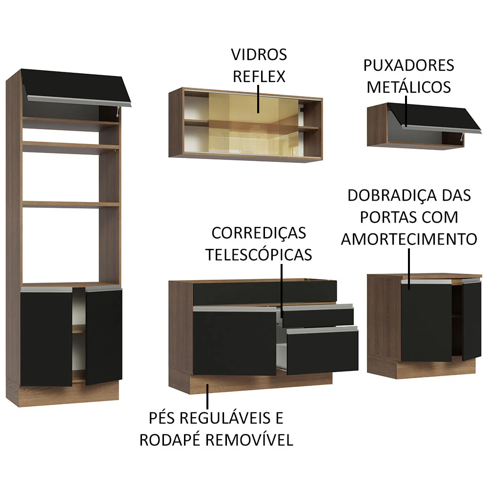 Armário de Cozinha Completa 270cm Rustic Preto Glamy Madesa 07 - Image 4