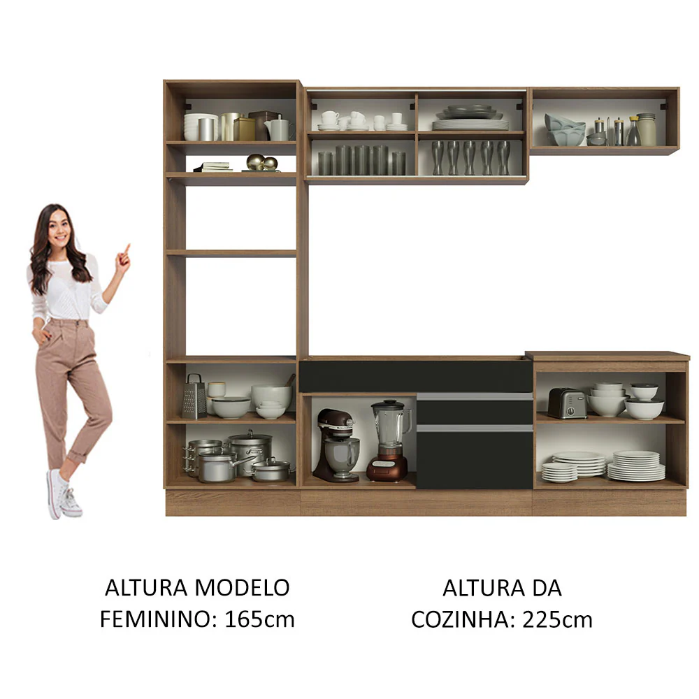 Armário de Cozinha Completa 270cm Rustic Preto Glamy Madesa 07 - Image 5