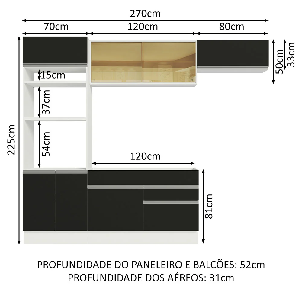 Armário de Cozinha Completa 270cm Branco Preto Glamy Madesa 11 - Image 3