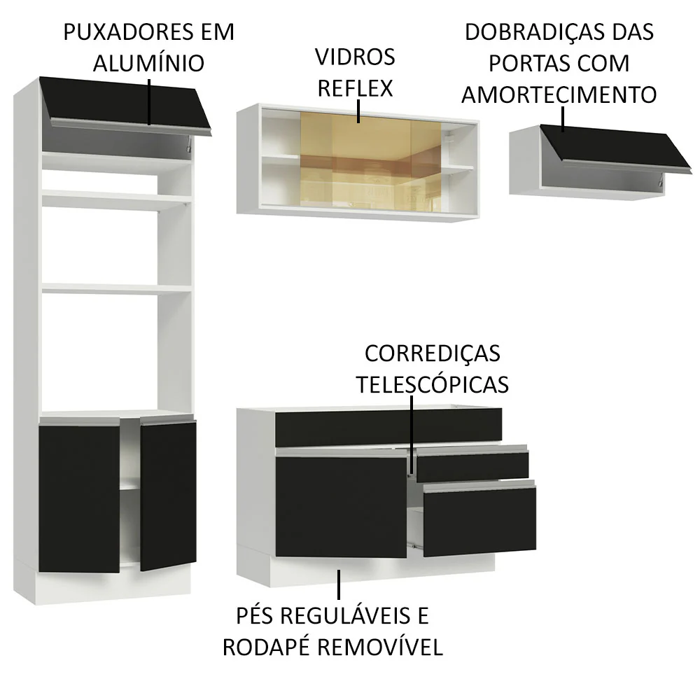 Armário de Cozinha Completa 270cm Branco Preto Glamy Madesa 11 - Image 4