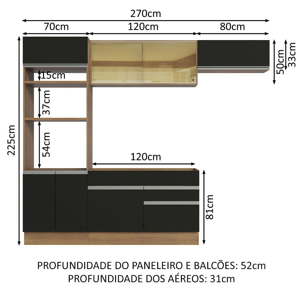 Armário de Cozinha Completa 270cm Rustic Preto Glamy Madesa 11 - Image 3