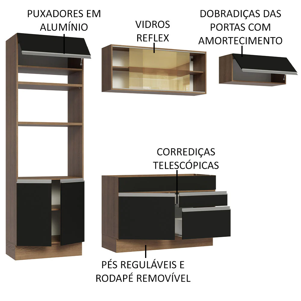 Armário de Cozinha Completa 270cm Rustic Preto Glamy Madesa 11 - Image 4