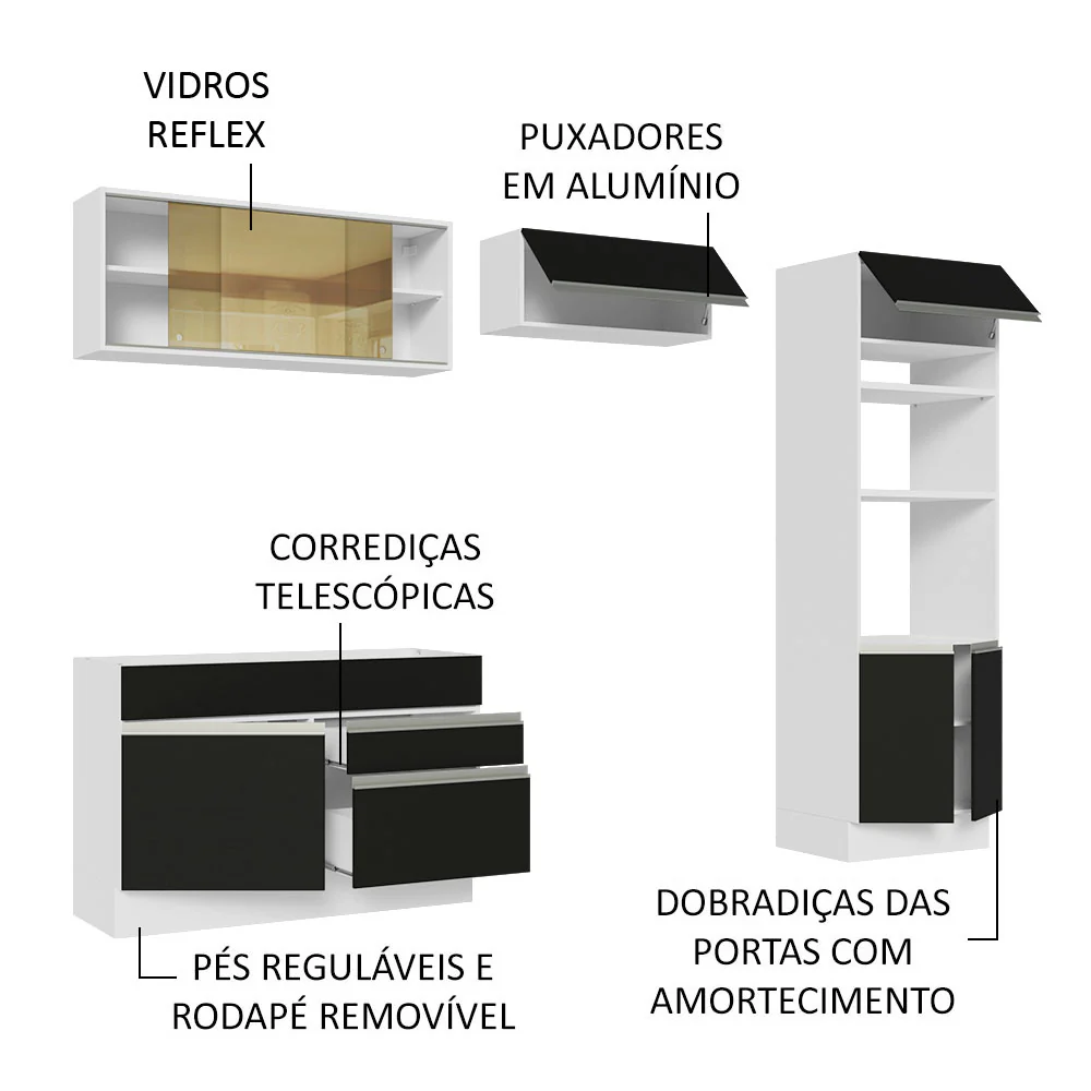 Armário de Cozinha Completa 270cm Branco/Preto Glamy Madesa 12 - Image 4