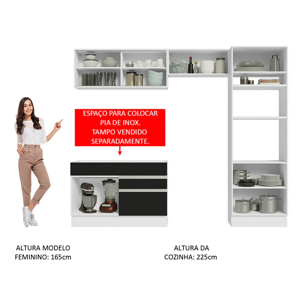 Armário de Cozinha Completa 270cm Branco/Preto Glamy Madesa 12 - Image 5
