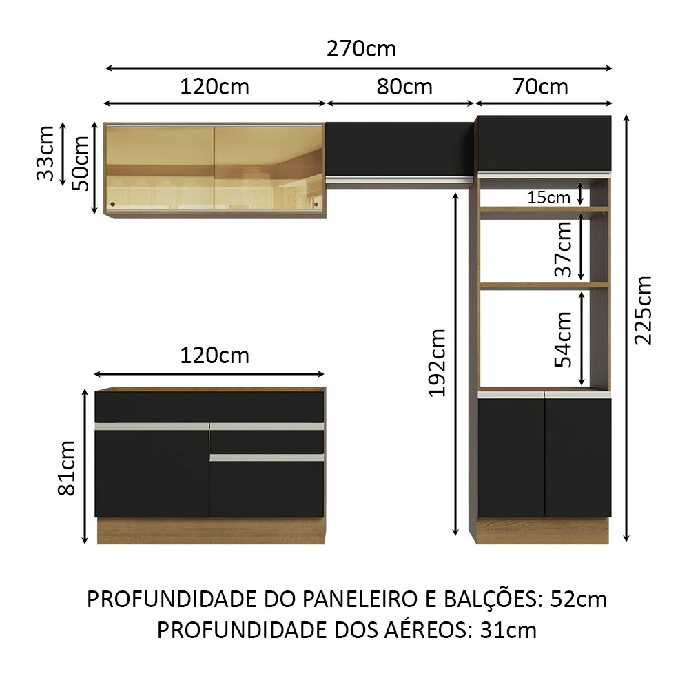 Armário de Cozinha Completa 270cm Rustic/Preto Glamy Madesa 12 - Image 3