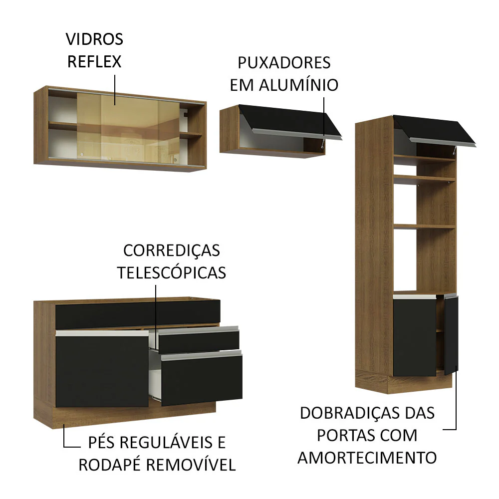 Armário de Cozinha Completa 270cm Rustic/Preto Glamy Madesa 12 - Image 4
