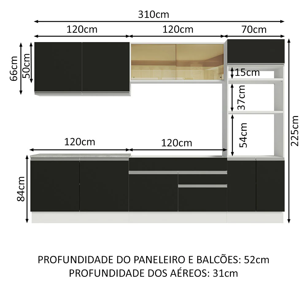 Armário de Cozinha Completa 310cm Branco Preto Glamy Madesa 01 - Image 3