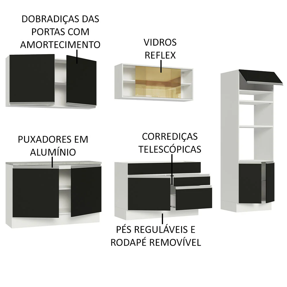 Armário de Cozinha Completa 310cm Branco Preto Glamy Madesa 01 - Image 4