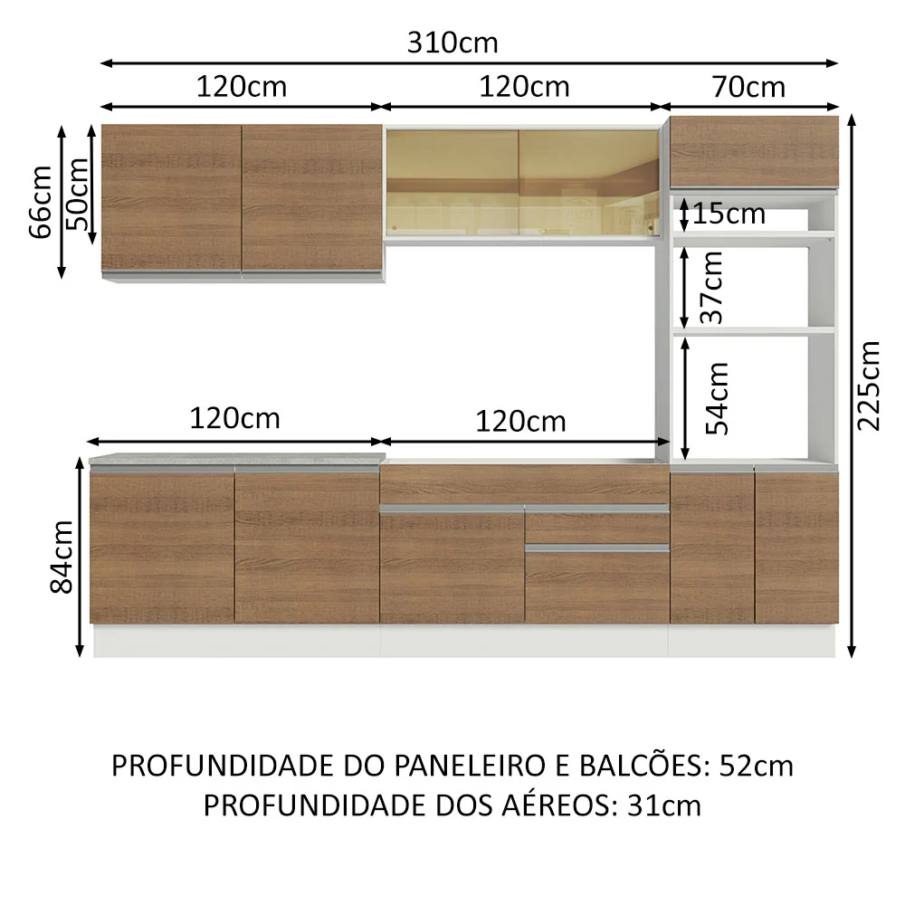 Armário de Cozinha Completa 310cm Branco Rustic Glamy Madesa 01 - Image 3