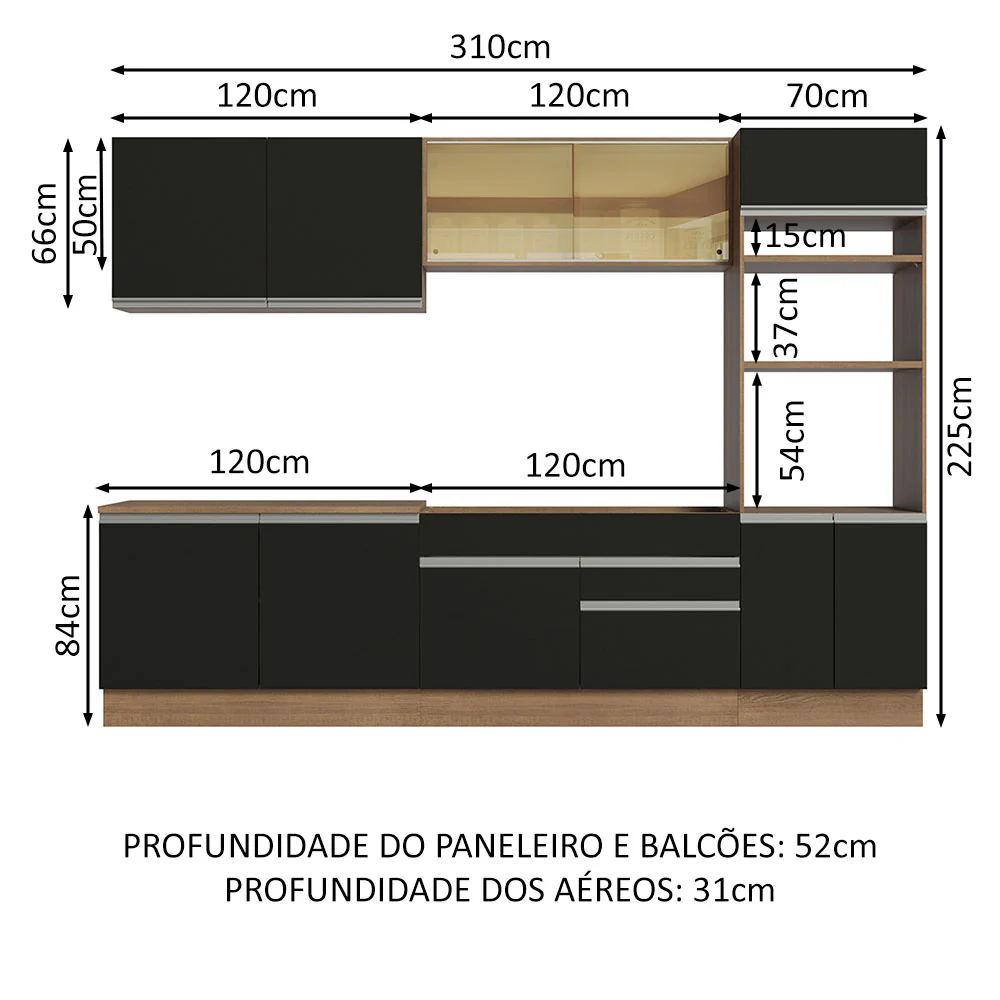 Armário de Cozinha Completa 310cm Rustic Preto Glamy Madesa 01 - Image 3