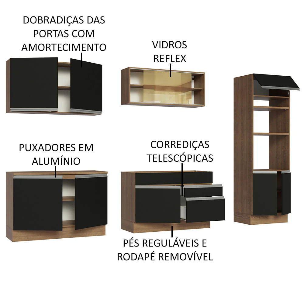Armário de Cozinha Completa 310cm Rustic Preto Glamy Madesa 01 - Image 4