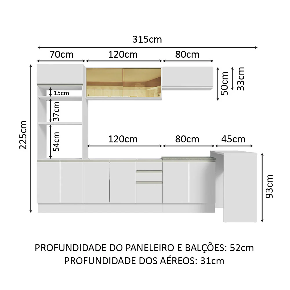 Armário de Cozinha Completa 315cm Branco Glamy Madesa 01 - Image 3