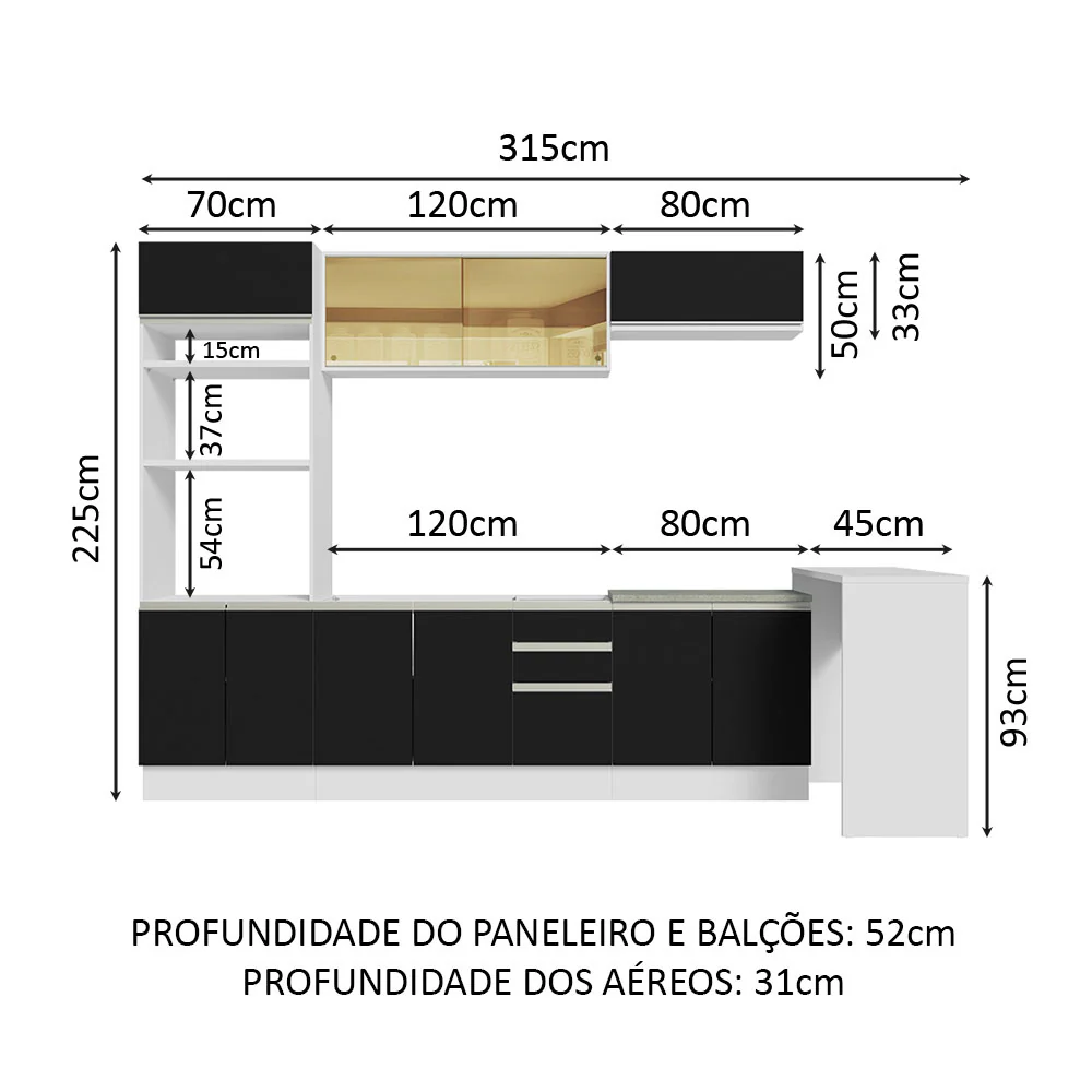 Armário de Cozinha Completa 315cm Branco/Preto Glamy Madesa 01 - Image 3