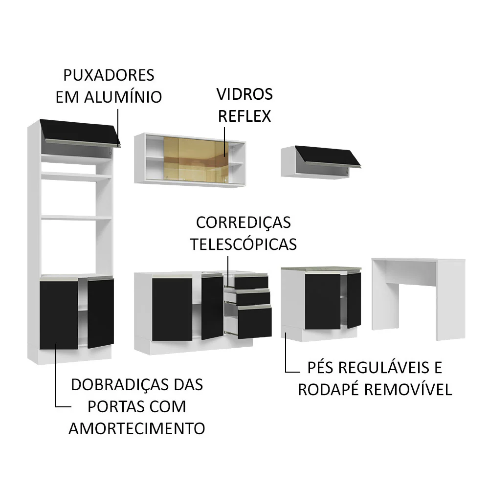 Armário de Cozinha Completa 315cm Branco/Preto Glamy Madesa 01 - Image 4