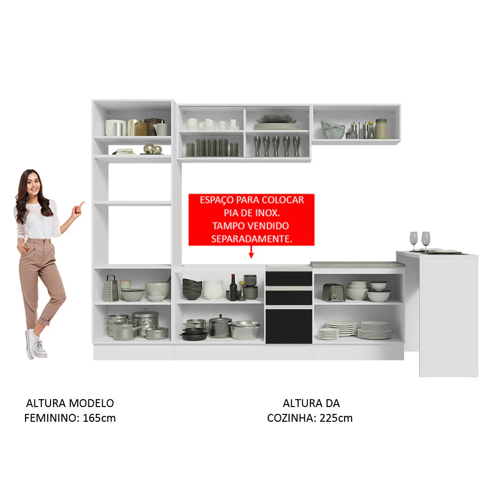 Armário de Cozinha Completa 315cm Branco/Preto Glamy Madesa 01 - Image 5