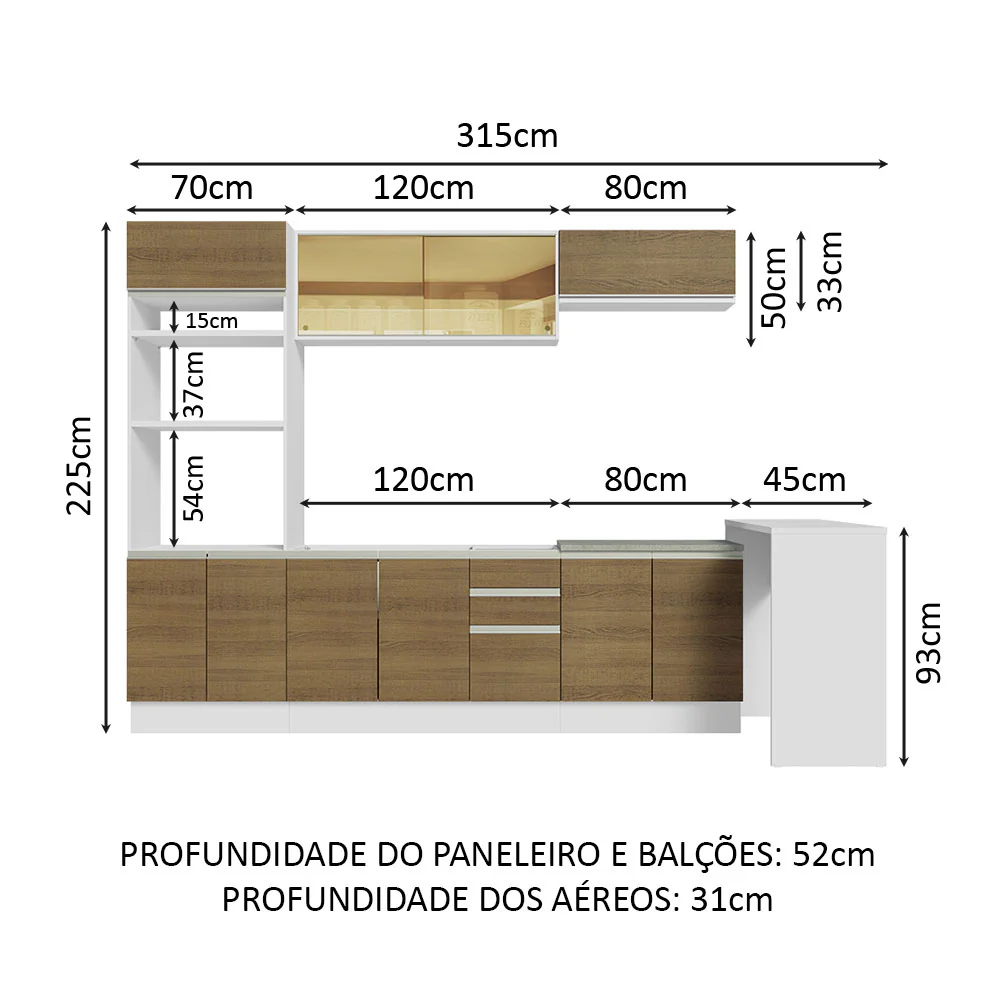 Armário de Cozinha Completa 315cm Branco/Rustic Glamy Madesa 01 - Image 3
