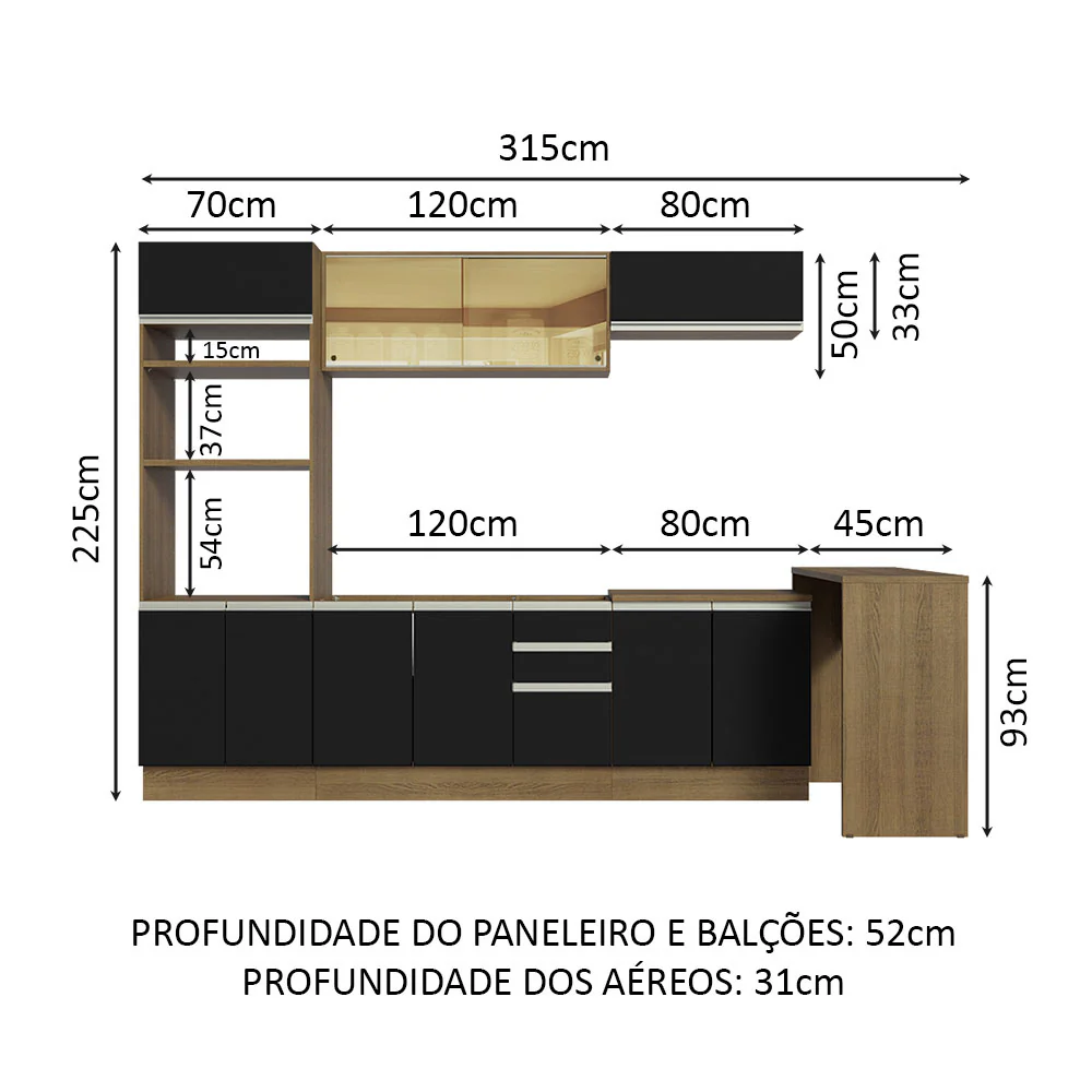 Armário de Cozinha Completa 315cm Rustic/Preto Glamy Madesa 01 - Image 3