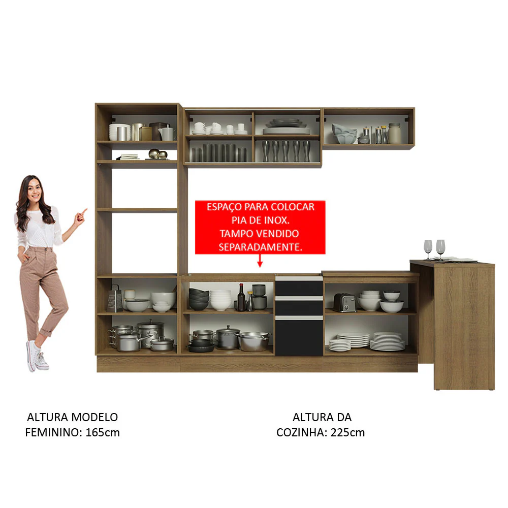 Armário de Cozinha Completa 315cm Rustic/Preto Glamy Madesa 01 - Image 5