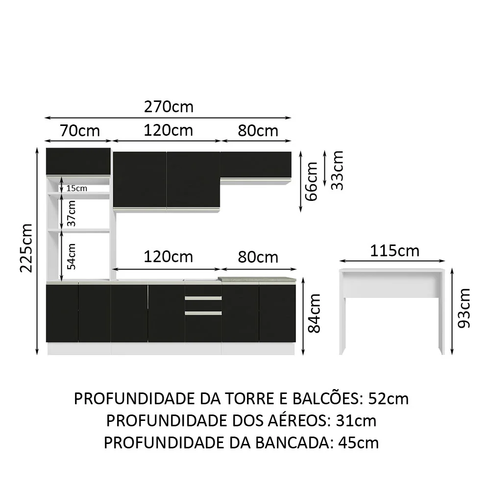 Armário de Cozinha Completa 315cm Branco/Preto Glamy Madesa 02 - Image 3
