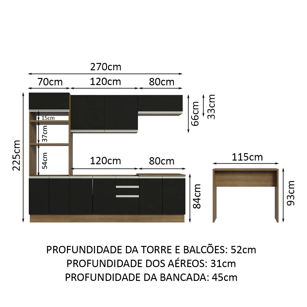 Armário de Cozinha Completa 315cm Rustic/Preto Glamy Madesa 02 - Image 3