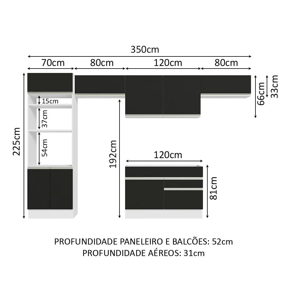 Armário de Cozinha Completa 350cm Branco/Preto Glamy Madesa 01 - Image 3