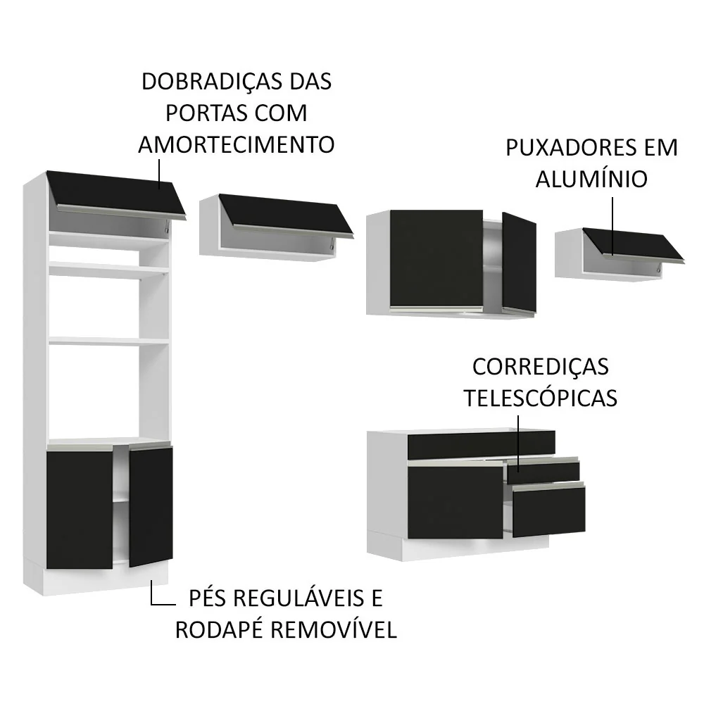 Armário de Cozinha Completa 350cm Branco/Preto Glamy Madesa 01 - Image 4