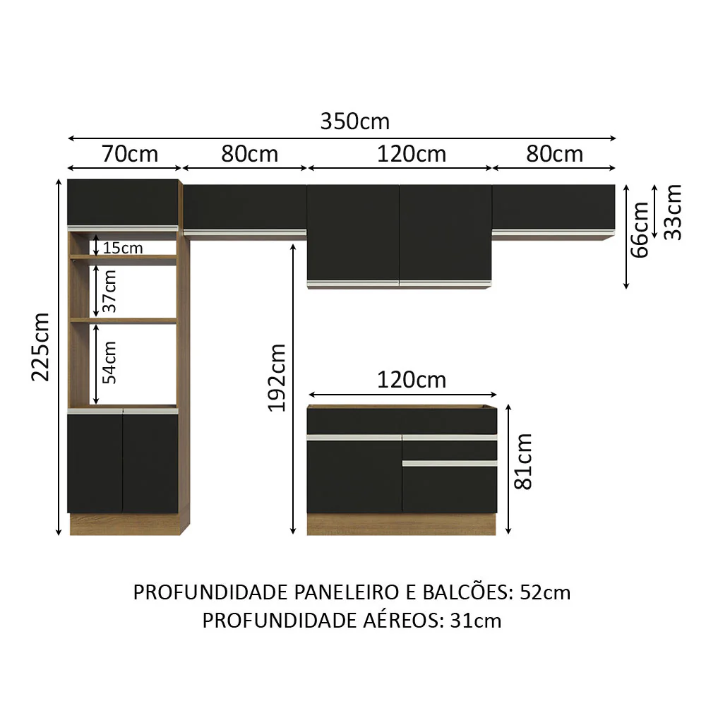 Armário de Cozinha Completa 350cm Rustic/Preto Glamy Madesa 01 - Image 3