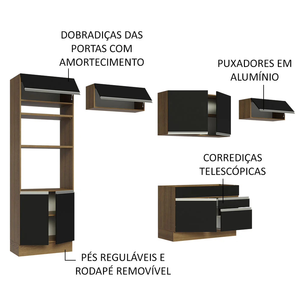 Armário de Cozinha Completa 350cm Rustic/Preto Glamy Madesa 01 - Image 4