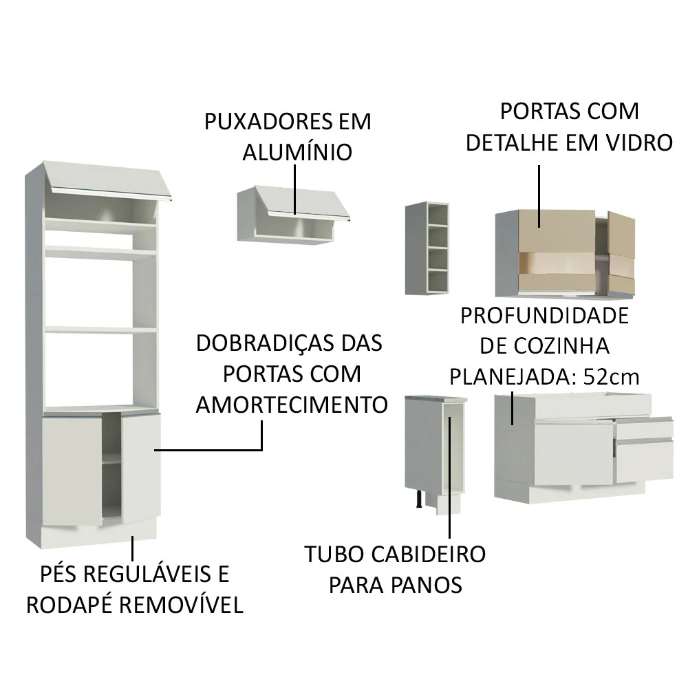 Armário de Cozinha Completa 270cm Branco/Branco/Crema Jade Madesa 08 - Image 4