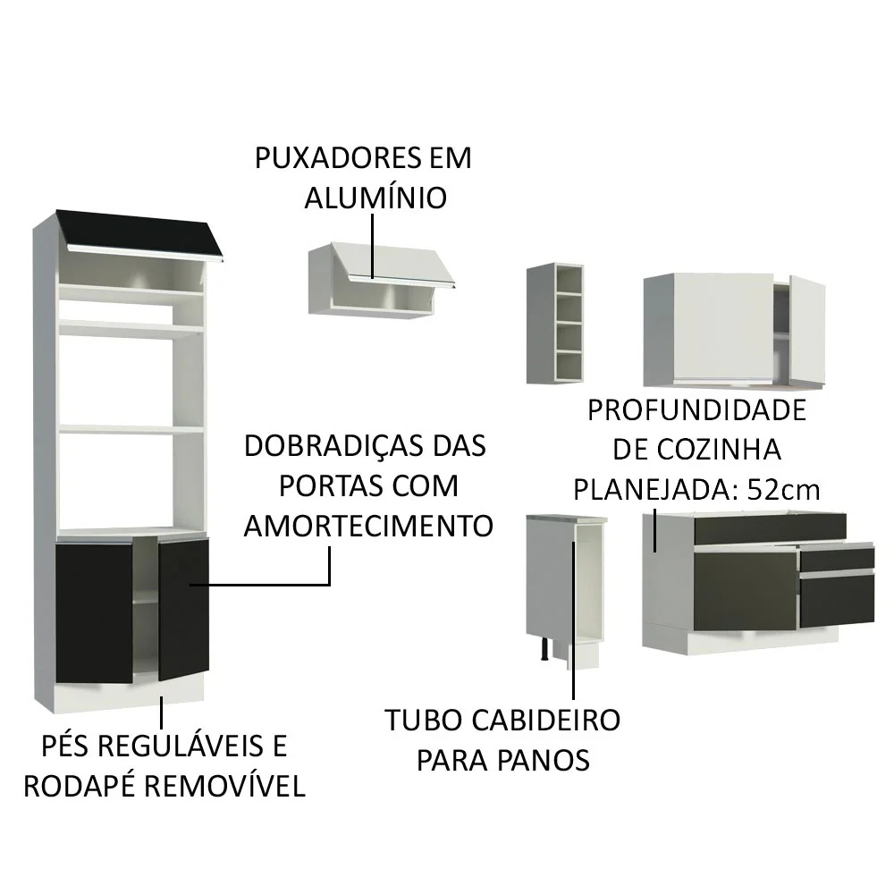 Armário de Cozinha Completa 270cm Branco/Preto/Branco Jade Madesa 09 - Image 4