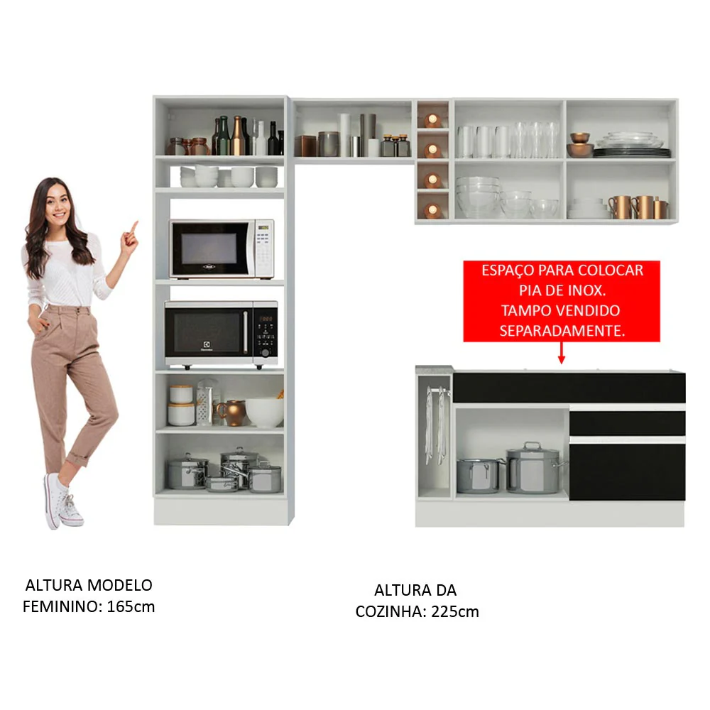 Armário de Cozinha Completa 270cm Branco/Preto/Branco Jade Madesa 09 - Image 5