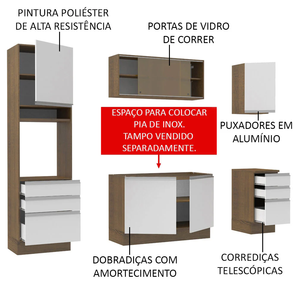 Armário de Cozinha Completa 220cm Rustic/Branco Glamy Madesa 01 - Image 4
