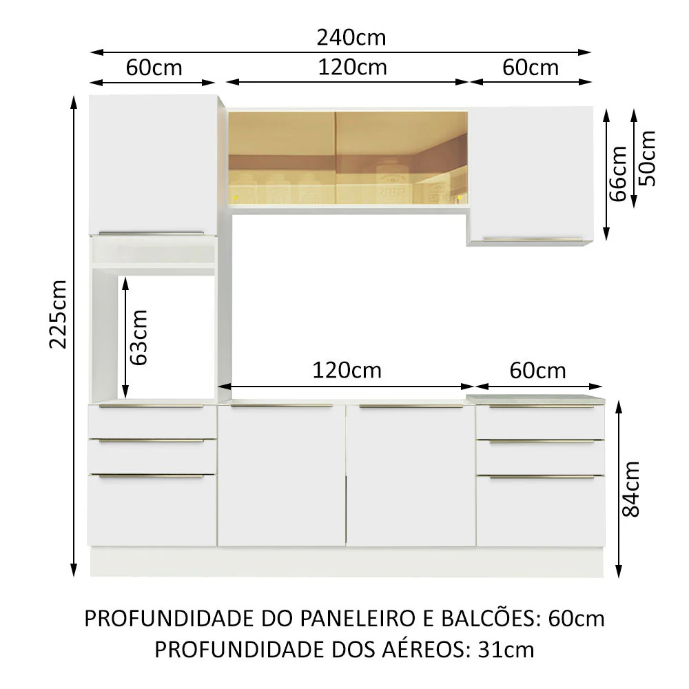 Armário de Cozinha Completa 240 x 60 cm Branco Branco Veludo Lux Madesa 02 - Image 3