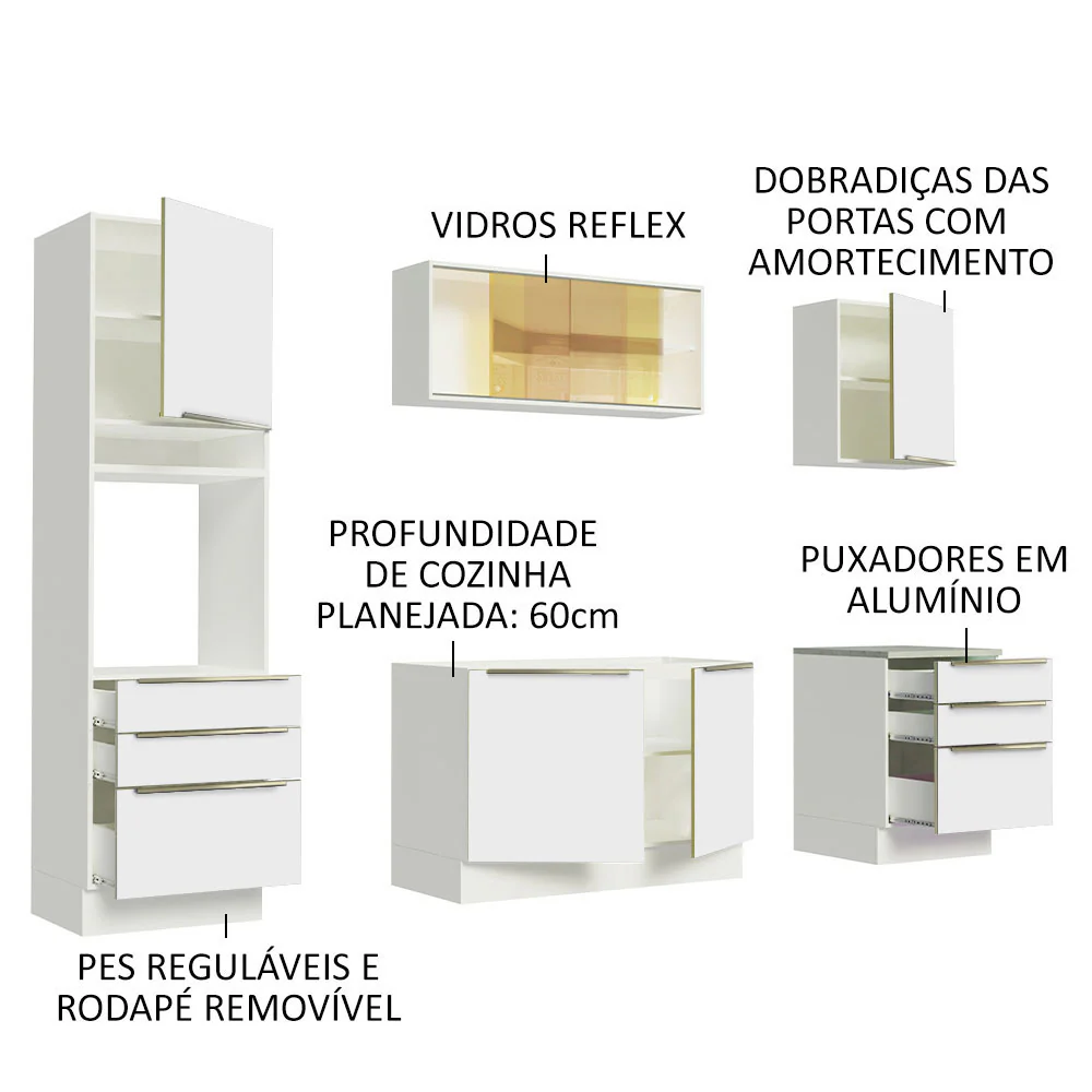 Armário de Cozinha Completa 240 x 60 cm Branco Branco Veludo Lux Madesa 02 - Image 4