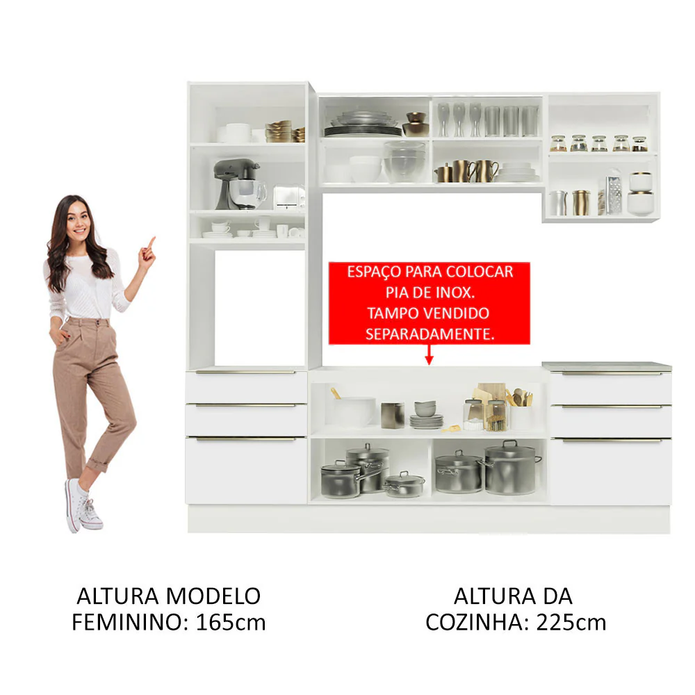 Armário de Cozinha Completa 240 x 60 cm Branco Branco Veludo Lux Madesa 02 - Image 5