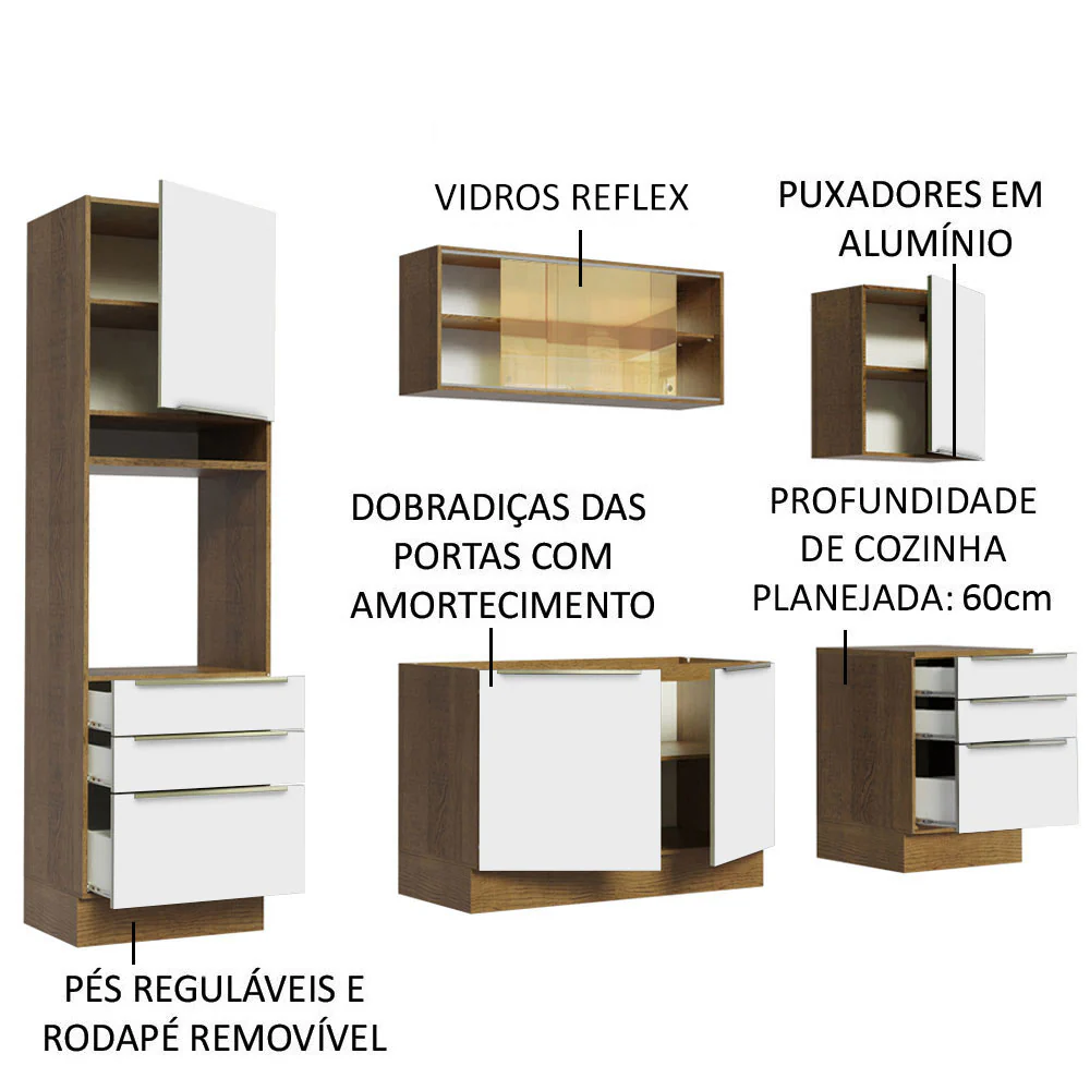 Armário de Cozinha Completa 240 x 60 cm Rustic Branco Veludo Lux Madesa 02 - Image 4