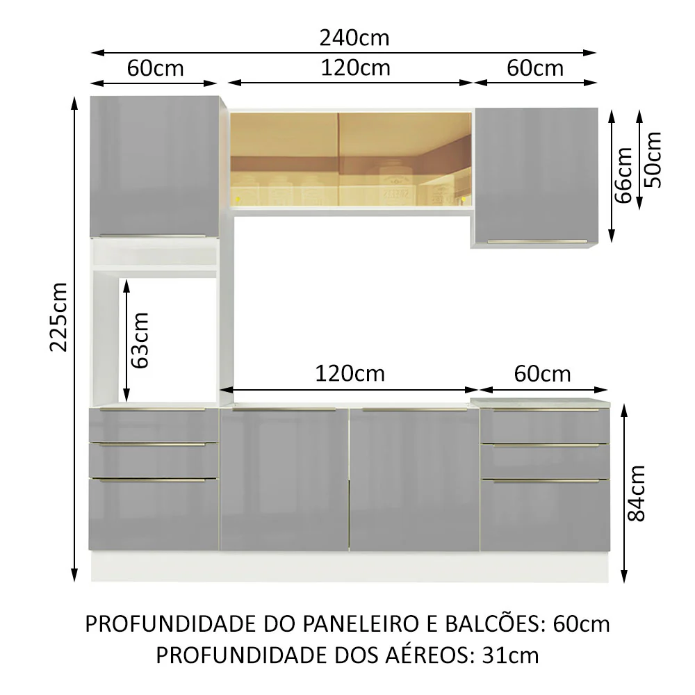 Armário de Cozinha Completa 240 x 60 cm Branco/Cinza Lux Madesa 02 - Image 3