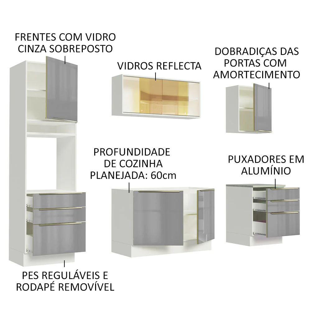 Armário de Cozinha Completa 240 x 60 cm Branco/Cinza Lux Madesa 02 - Image 4